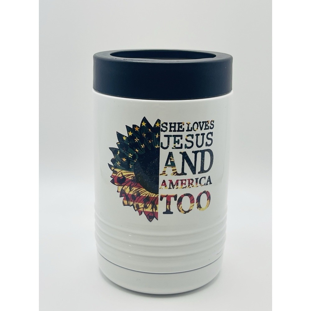 Can Coolie/Cooler "She Loves Jesus And America Too" With Daisies, Leopard, Flag